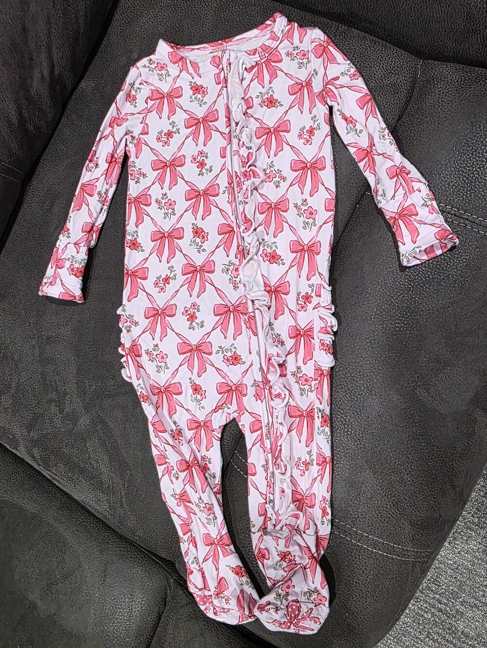 Baby Girls Pink/Red Bow Print One-Piece Footed Sleeper